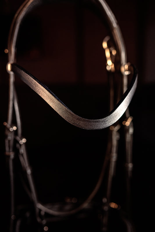 Horse browband Leather by IBV Equine
For those who appreciate refined simplicity, this browband offers a sleek and sophisticated statement, it boasts a subtle yet captivating lustrous finish that gently catches the light, providing a contemporary twist on a timeless design. Its clean, elegant curve enhances your horse's brow with an understated grace, perfect for riders seeking minimalist perfection or a high-quality foundational piece.
Each browband is handmade from scratch using premium European materials