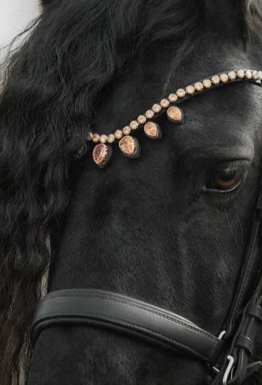 Horse browband Triumph Diamond Premium by IBV Equine This exquisite browband is composed entirely of brilliant artificial diamonds, meticulously set within an incredibly beautiful lace frame. The top row of these magnificent diamonds commands attention at a striking 8 mm, creating a continuous river of light.Featuring our exclusive magnetic snap system, you can instantly change your browband to suit any outfit or occasion. 
 
